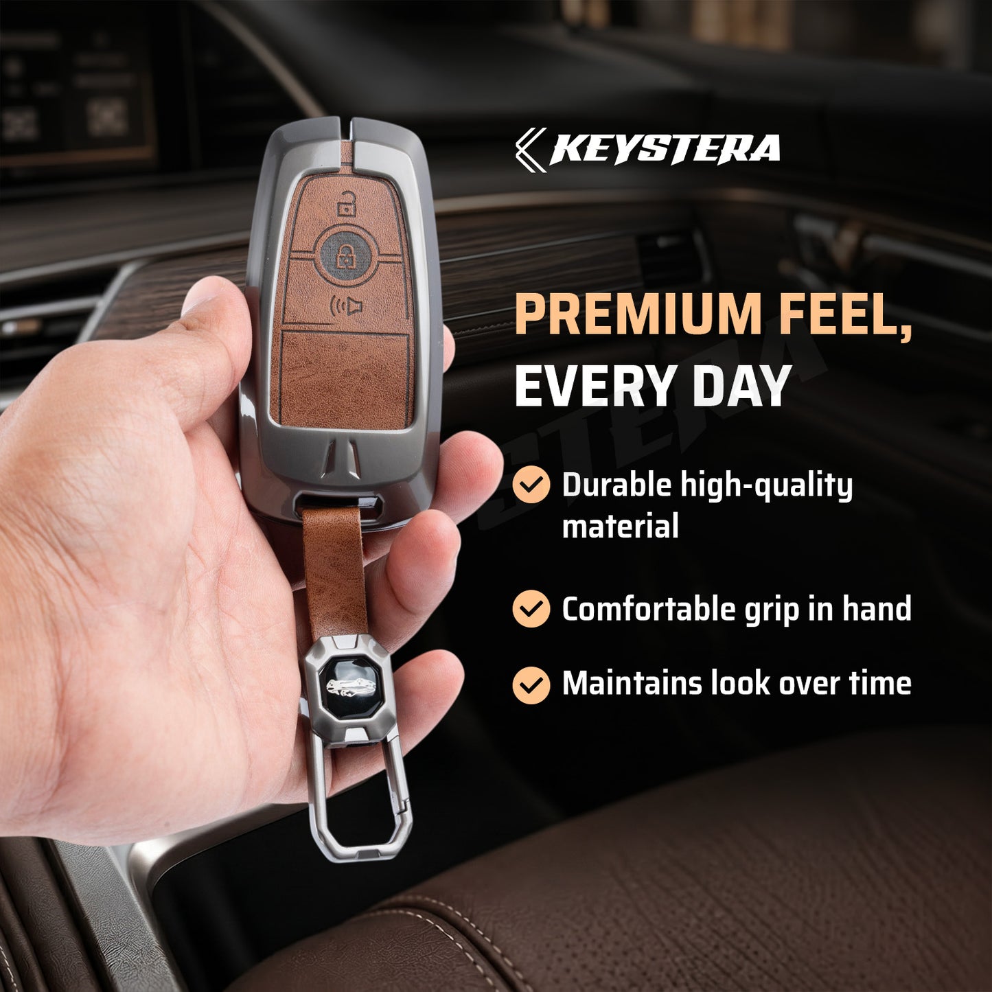 Metal Leather Car Key Cover Compatible For Ford : Figo, Aspire, Ecosport, Endeavour | 3 button Smart Key