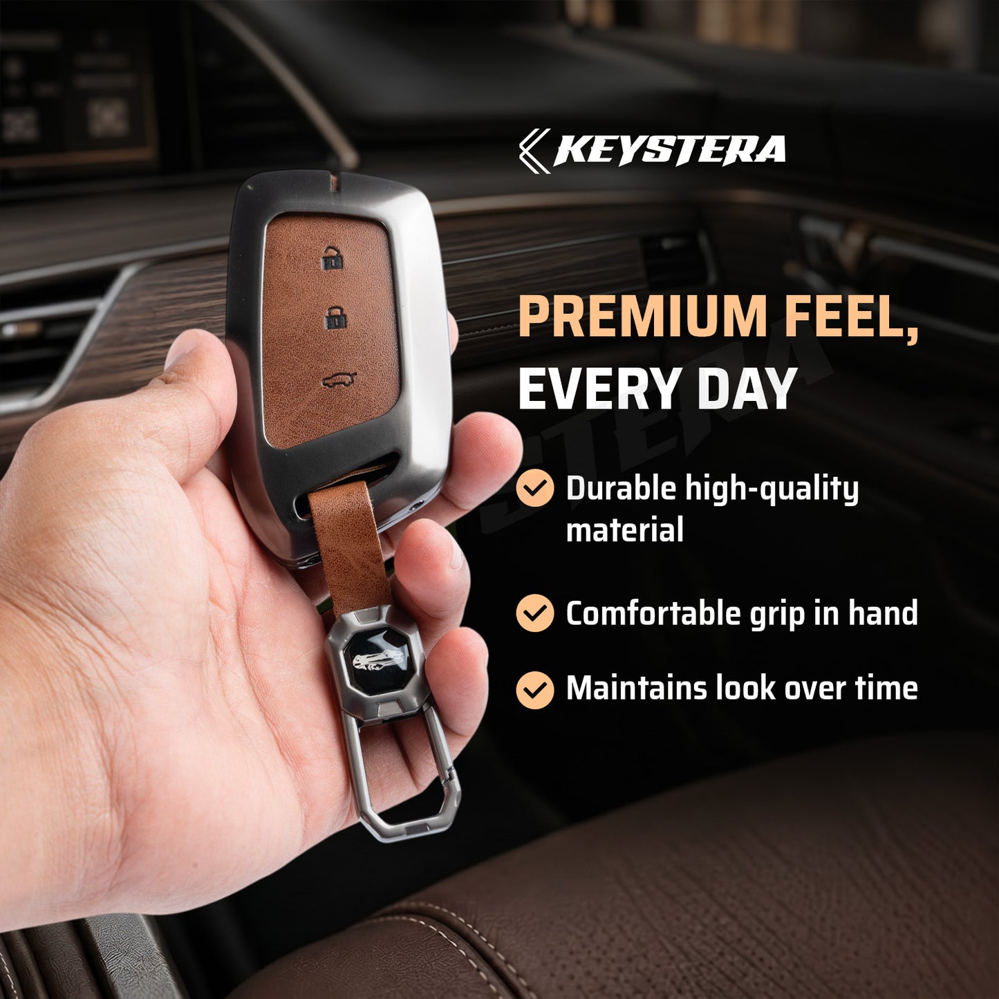 Metal Leather Brown Car Key Cover Compatible For MG Hector | MG Windsor | MG Astor | MG Gloster 3 Button smart key)