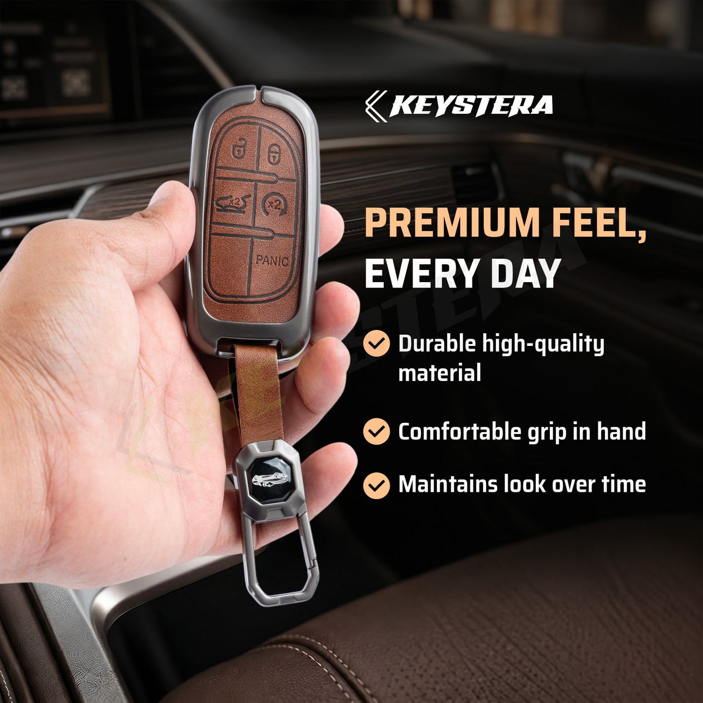 Metal Leather Brown Car Key Cover Compatible For Jeep Compass Smart Key