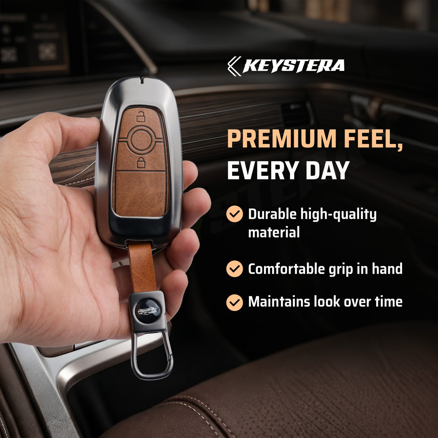 Metal Leather Key Cover Compatible for Ford Ecosport | Endeavour | Freestyle | Aspire | Figo (2 button Smart Key)