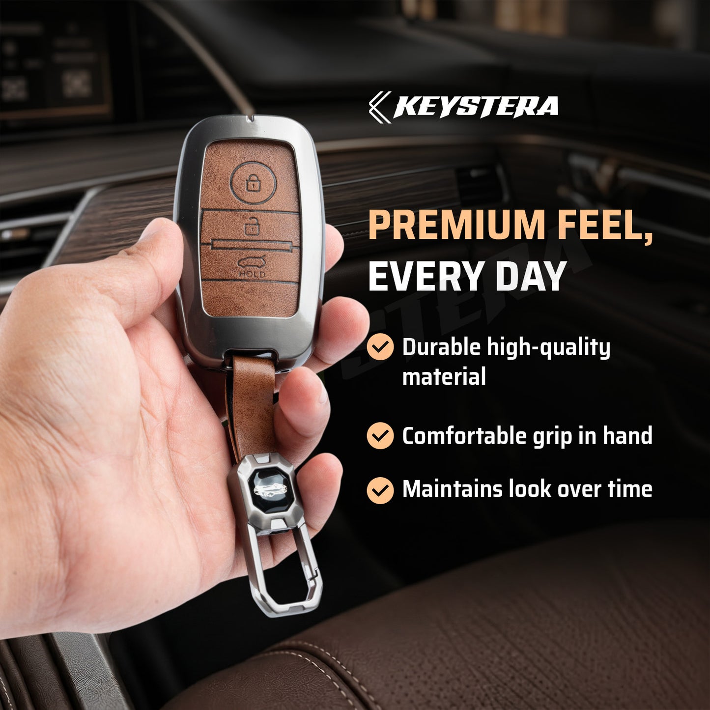 Metal Leather Brown Car Key Cover Compatible For Kia Seltos, Kia Sonet,Kia Carens,Kia Carnival (3 Button Smart Key)