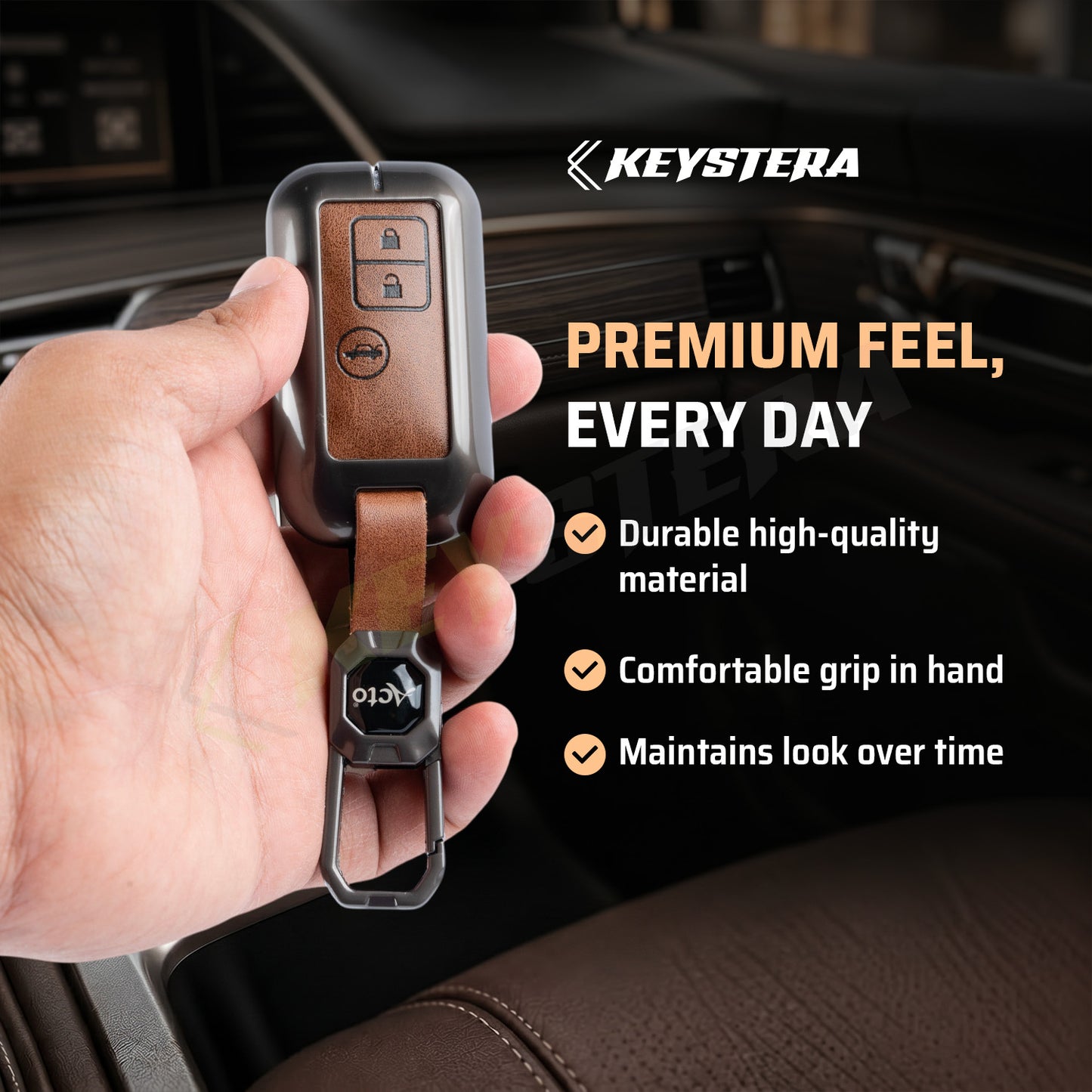 Metal Leather Brown Key Cover Compatible For Suzuki : Baleno, Swift, Ertiga, XL6, DZire, Fronx, Scross, Celerio, Ciaz, Brezza, Grand Vitara, Jimny, Ignis