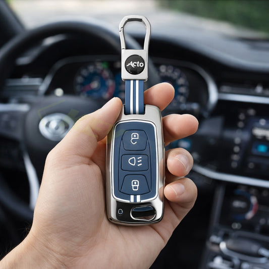 Metal Key Cover With Key Chain Compatible with Tata: Nexon, Harrier, Safari, Altroz, Punch, Tiago, Tigor, Zest, Bolt, Hexa (3 button Flip Key)