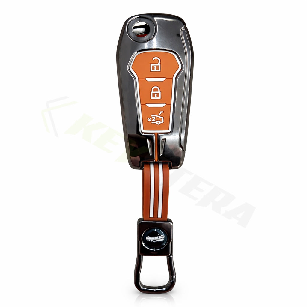 Metal Sapphire Key Cover With Key Chain Compatible with Ford : Figo, Aspire, Endeavour (3 Button Flip Key)