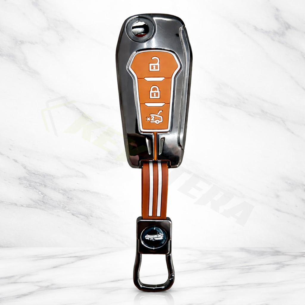 Metal Sapphire Key Cover With Key Chain Compatible with Ford : Figo, Aspire, Endeavour (3 Button Flip Key)