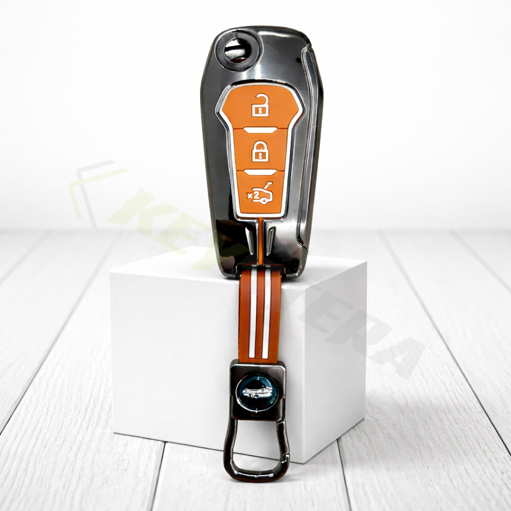 Metal Sapphire Key Cover With Key Chain Compatible with Ford : Figo, Aspire, Endeavour (3 Button Flip Key)