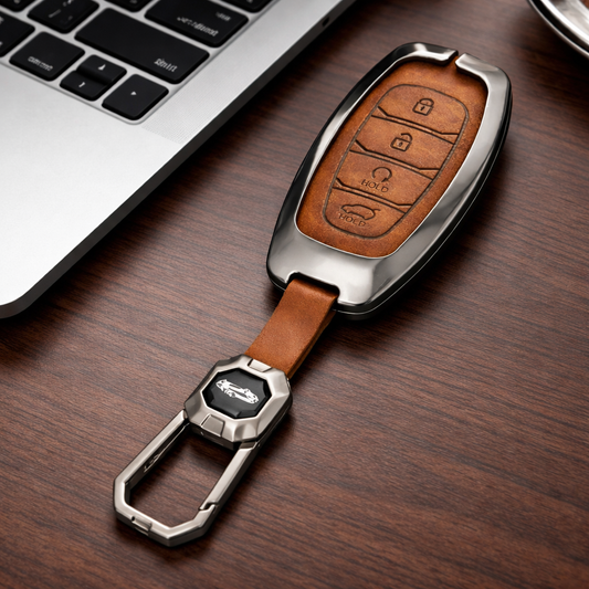 Metal Leather Brown Key Cover For Hyundai: i20, Verna 2023 onwards (4 button smart key)