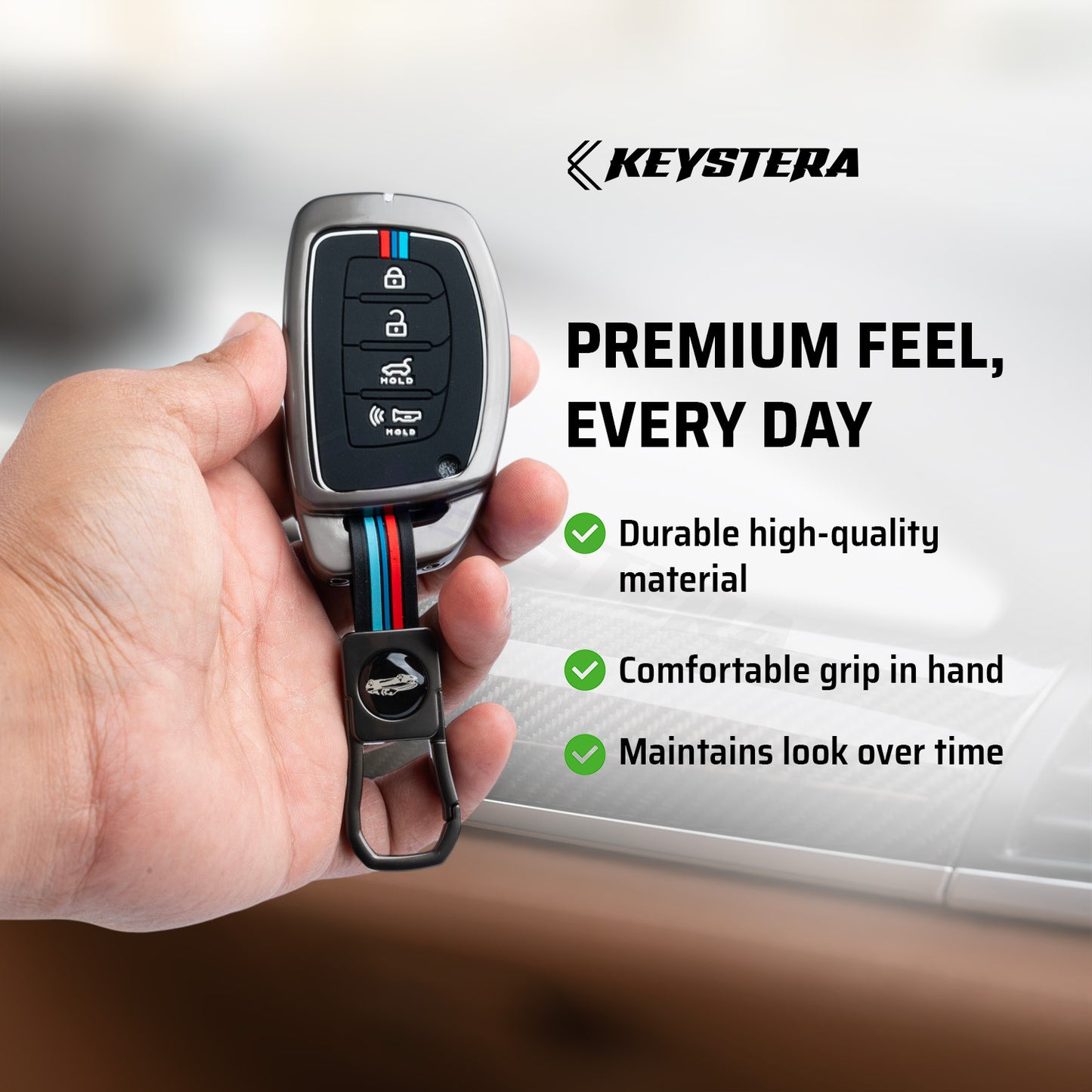 Metal Silicone Key Cover Compatible for Hyundai: i20, Creta, Venue, Tucson, Alcazar, Grand i10, Verna, Xcent, Aura, Elantra (4 button Smart Key)