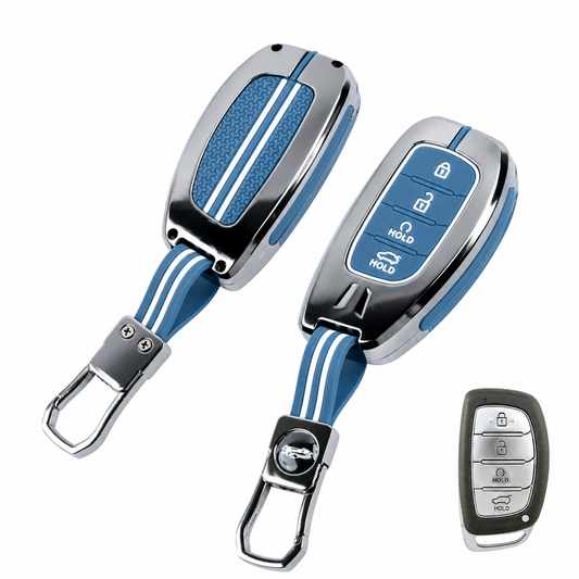 Metal Sapphire Key Cover With Key Chain Compatible with Hyundai: Alcazar, Creta 2021 onwards (4 button smart key)