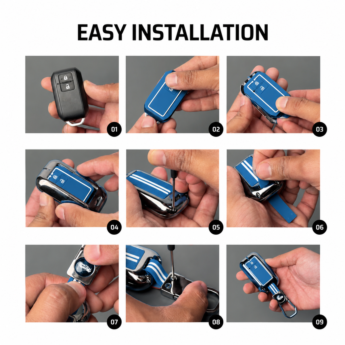 Metal Sapphire Key Cover With Key Chain Compatible with Hyundai: Alcazar, Creta 2021 onwards (4 button smart key)