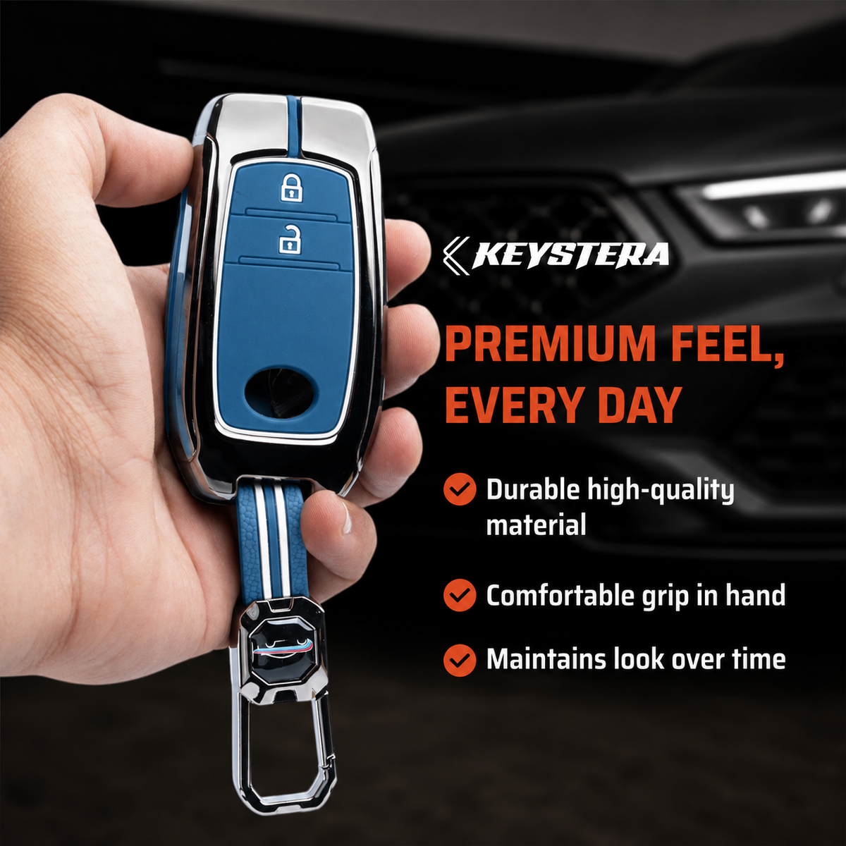 Metal Sapphire Key Cover With Key Chain Compatible with Toyota: Innova Crysta, Innova HyCross, Hilux (2 button smart key)