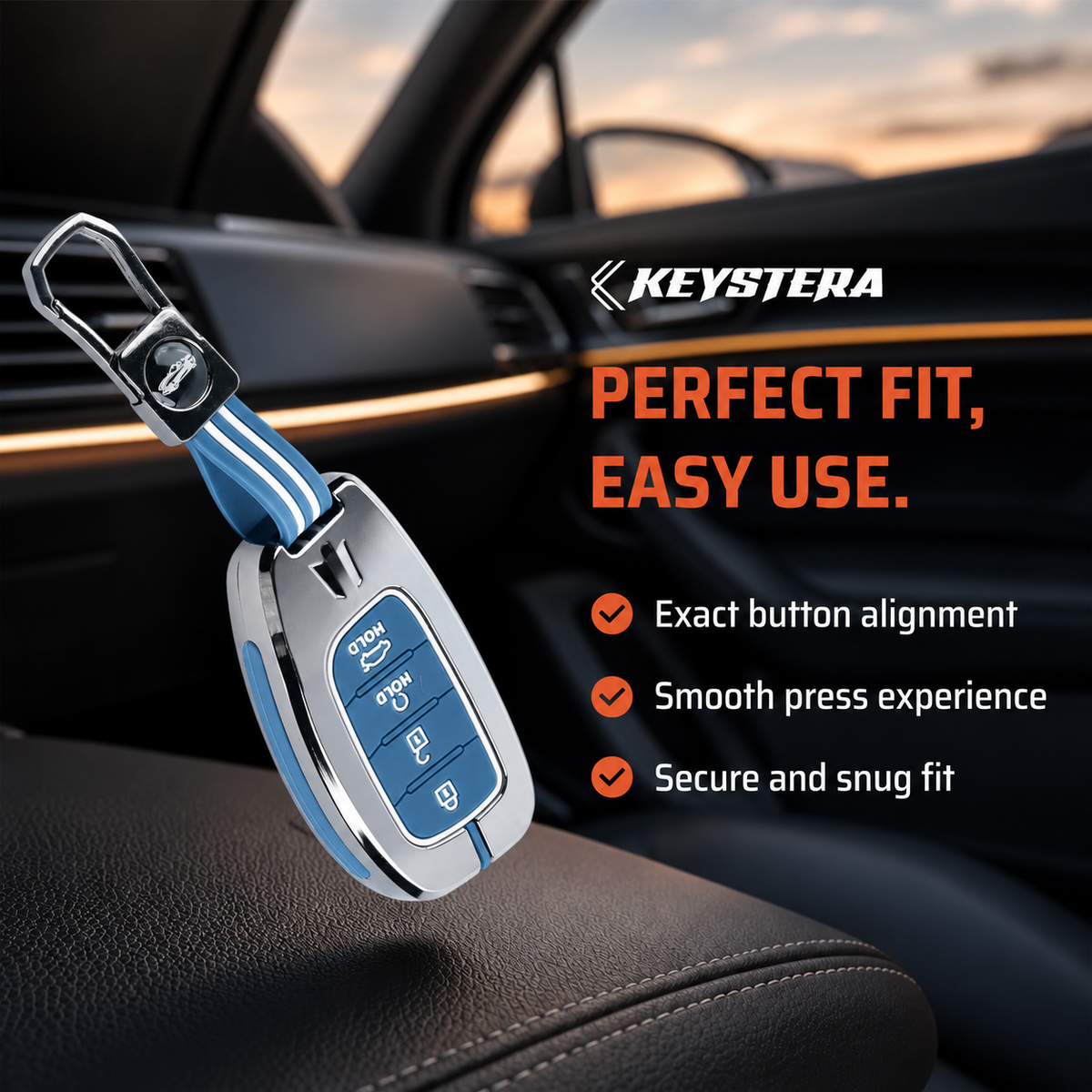 Metal Sapphire Key Cover With Key Chain Compatible with Hyundai: Alcazar, Creta 2021 onwards (4 button smart key)