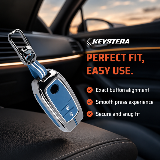 Metal Sapphire Key Cover With Key Chain Compatible with Toyota: Innova Crysta, Innova HyCross, Hilux (2 button smart key)