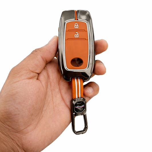 Metal Sapphire Key Cover With Key Chain Compatible with Toyota: Innova Crysta, Innova HyCross, Hilux (2 button smart key)