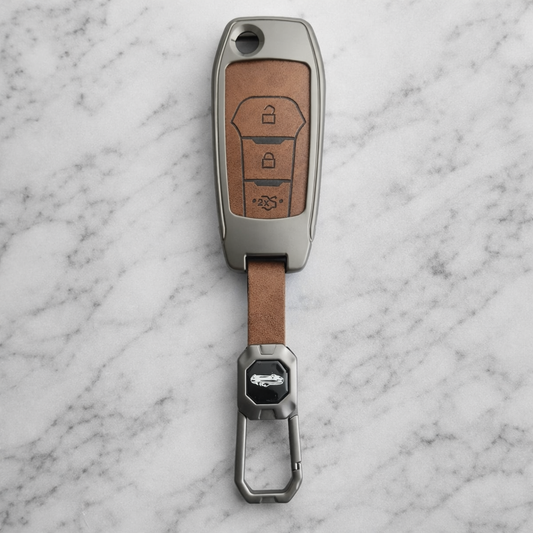 Metal Leather Brown Car Key Cover For Ford : Figo, Aspire, Endeavour (3 Button Flip Key)