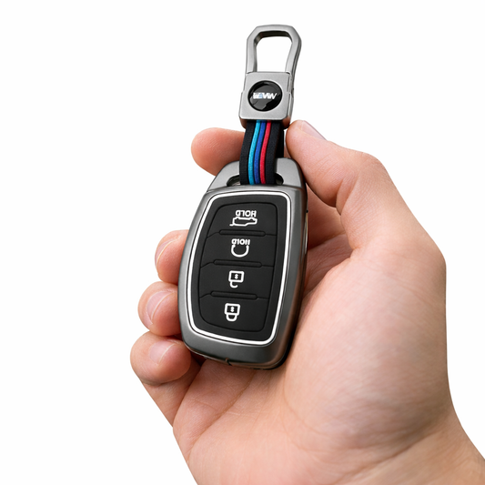 Metal Silicone Key Cover Compatible for Hyundai: Alcazar, Creta 2021 onwards (4 button smart key)