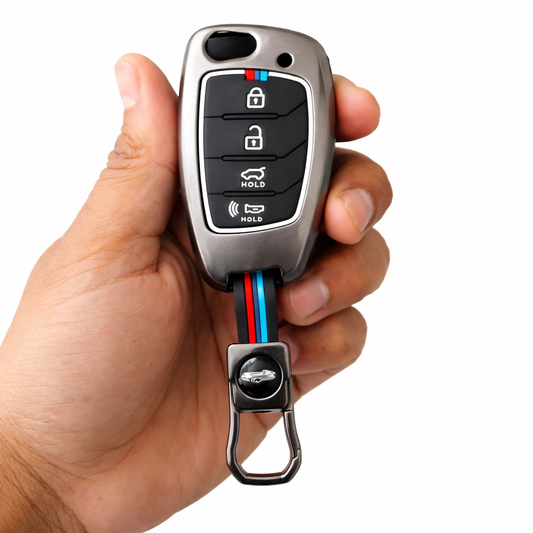 Metal Silicone Key Cover Compatible For Hyundai: Santa Fe (4 Button Flip Key)