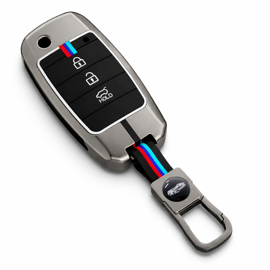 Metal Silicone Car Key Cover Compatible For Kia Seltos, Kia Sonet,Kia Carens (3 Button Flip Key)