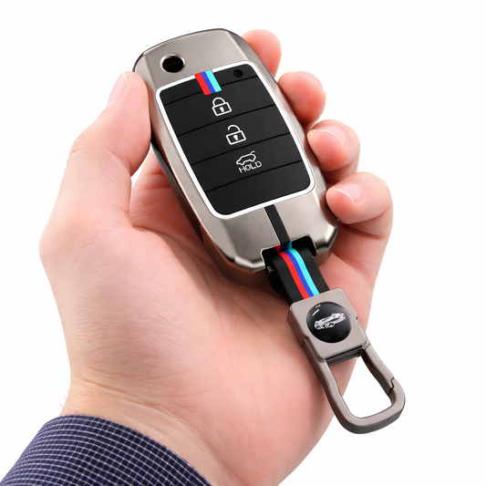 Metal Silicone Car Key Cover Compatible For Kia Seltos, Kia Sonet,Kia Carens (3 Button Flip Key)
