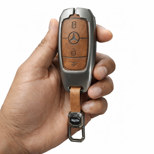 Metal Leather Brown Key Cover Compatible For Mercedes-Benz : E-Class, S-Class, A-Class, C-Class, G-Class 2020 Onwards