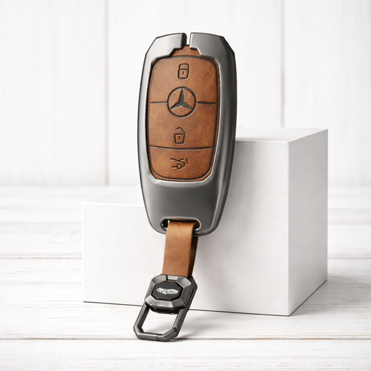 Metal Leather Brown Key Cover Compatible For Mercedes-Benz : E-Class, S-Class, A-Class, C-Class, G-Class 2020 Onwards