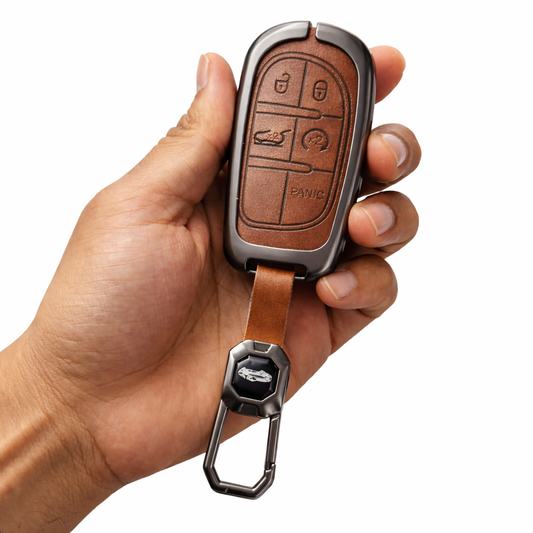 Metal Leather Brown Car Key Cover Compatible For Jeep Compass Smart Key