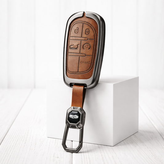 Metal Leather Brown Car Key Cover Compatible For Jeep Compass Smart Key