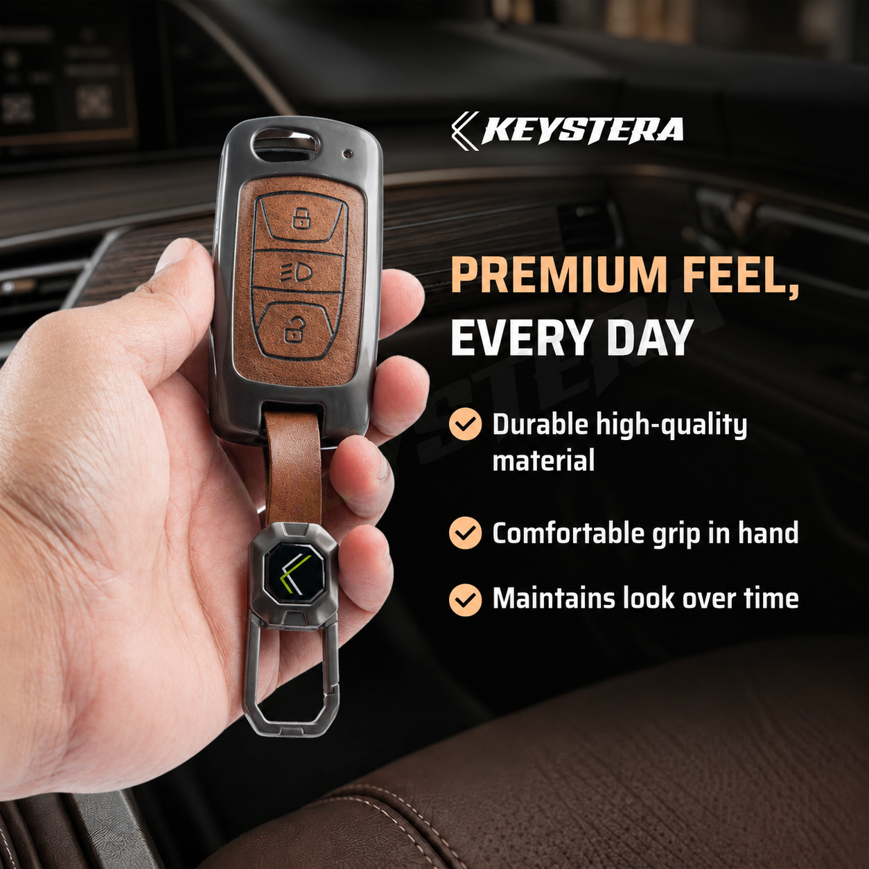 Metal Leather Brown car Key Cover Compatible For Tata: Nexon, Harrier, Safari, Altroz, Punch, Tiago, Tigor, Zest, Bolt, Hexa (3 button Flip Key)