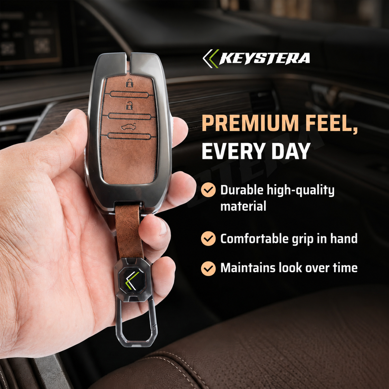 Metal Leather Brown Car Key Cover Compatible For Toyota: Innova Crysta, HyCross, Hilux, Fortuner, Legender, Land Cruiser, Camry (3 button smart key)