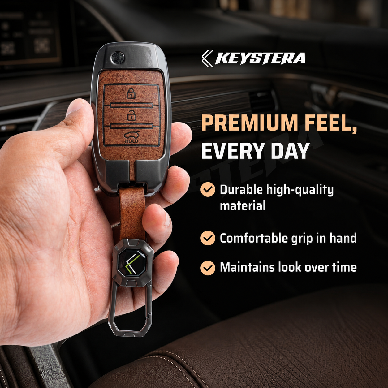 Metal Leather Brown Car Key Cover Compatible For Kia Seltos, Kia Sonet,Kia Carens (3 Button Flip Key)