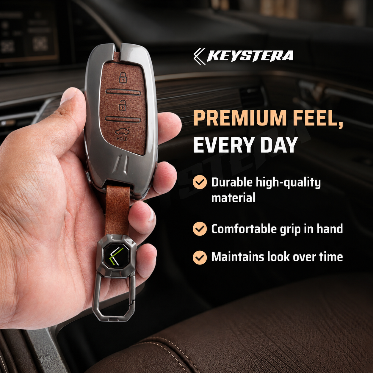 Metal Leather Brown Car Key Cover Compatible For MG Astor, MG ZS EV (3 Button smart key)
