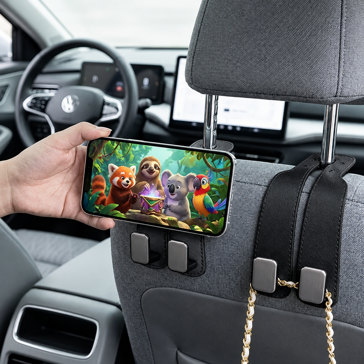 [ Pack of 2 ] Keystera 360° Rotatable Car Headrest Hooks with Phone Holder, Multi-Purpose Back Seat Organizer Hanger for Handbag, Shopping Bag, Backpack, Easy Install Car Seat Storage Hook