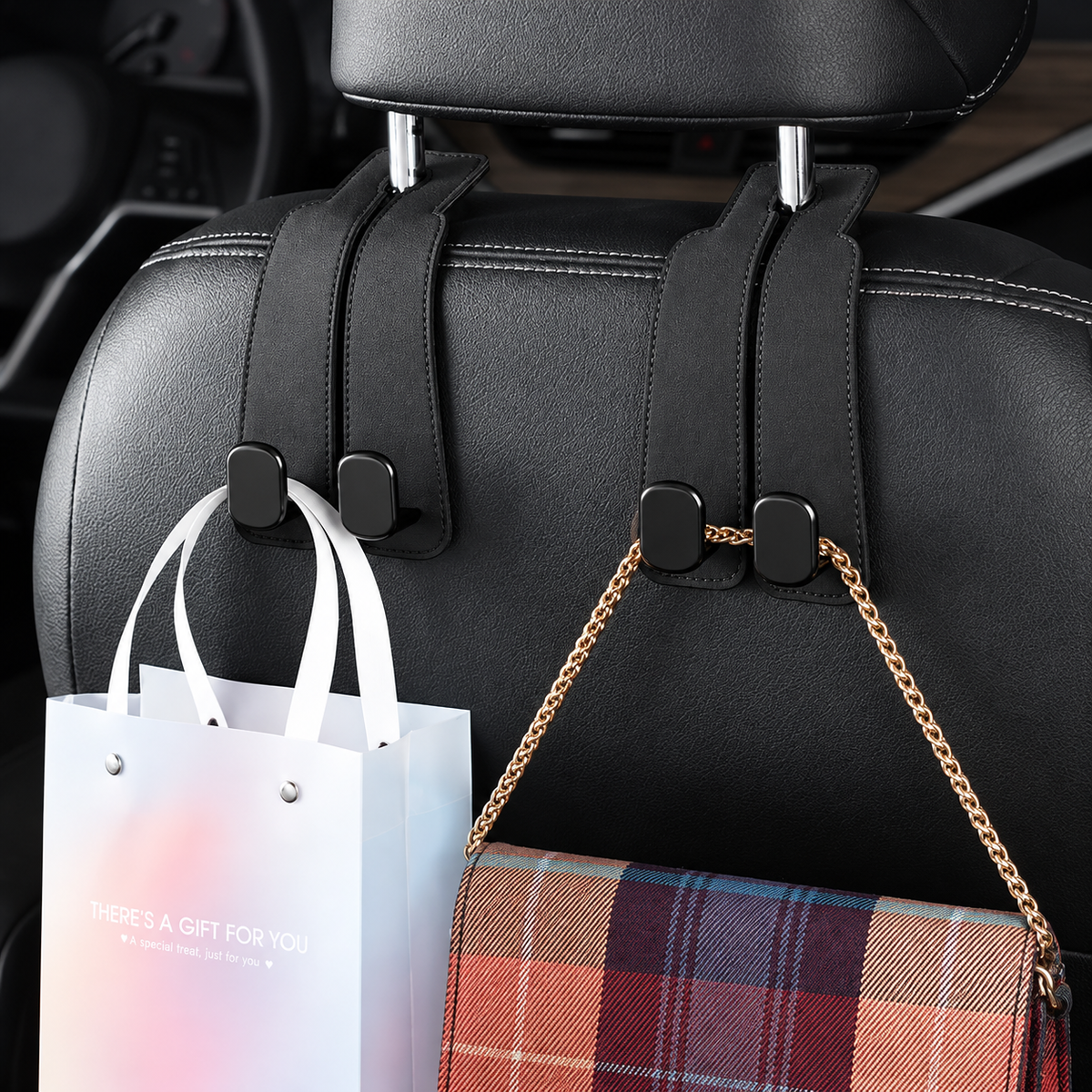 [ Pack of 2 ] Keystera 360° Rotatable Car Headrest Hooks with Phone Holder, Multi-Purpose Back Seat Organizer Hanger for Handbag, Shopping Bag, Backpack, Easy Install Car Seat Storage Hook
