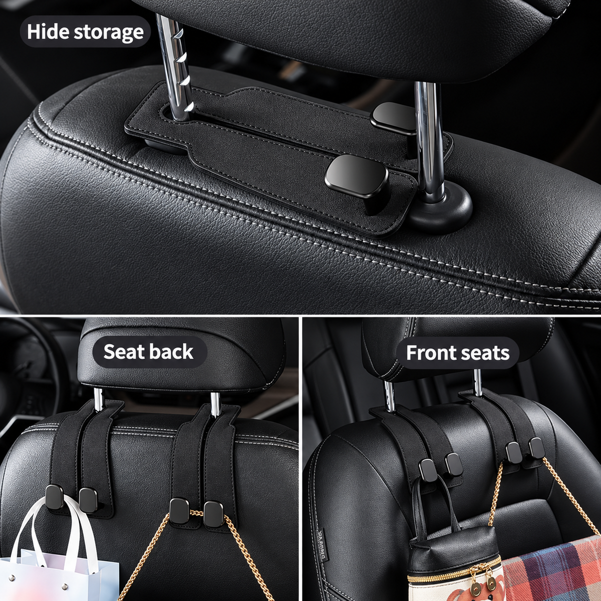 [ Pack of 2 ] Keystera 360° Rotatable Car Headrest Hooks with Phone Holder, Multi-Purpose Back Seat Organizer Hanger for Handbag, Shopping Bag, Backpack, Easy Install Car Seat Storage Hook
