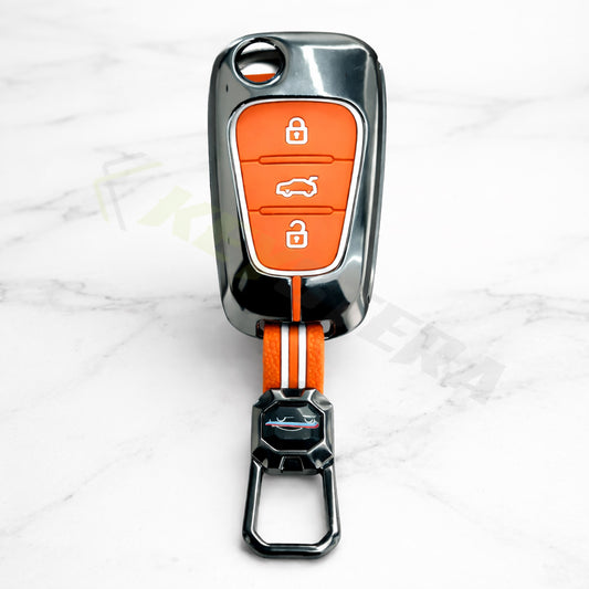 Metal Sapphire Key Cover With Key Chain Compatible For Hyundai Old Verna | Old Elentra | Old i20 | Old i10 (3 button Flip Key)