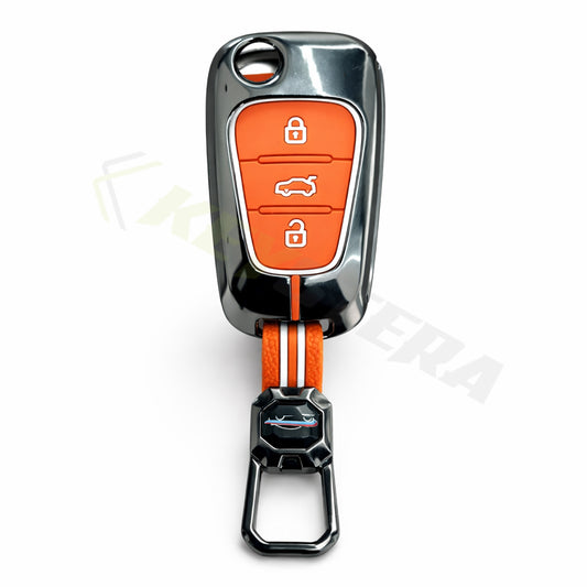 Metal Sapphire Key Cover With Key Chain Compatible For Hyundai Old Verna | Old Elentra | Old i20 | Old i10 (3 button Flip Key)