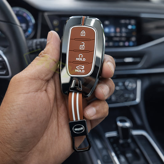 Metal Sapphire Key Cover With Key Chain Compatible with Hyundai: Alcazar, Creta 2021 onwards (4 button smart key)