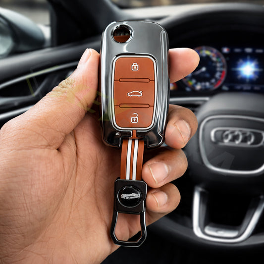 Metal Key Cover Compatible For Skoda : Octavia, Fabia, Laura, Superb, Rapid, Yeti & Volkswagen : Polo, Vento, Jetta, Ameo(3 Button Flip Key)