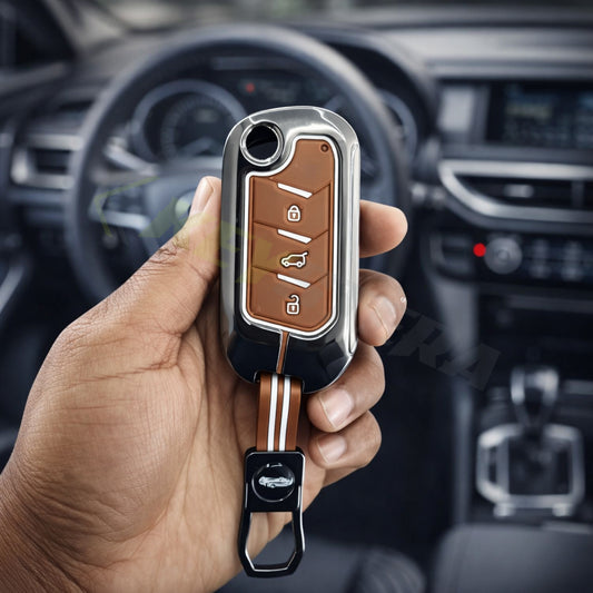 Metal Key Cover Compatible For Mahindra: Thar, Bolero, Scorpio, Scorpio-N, XUV700, XUV400, XUV3x0, XUV300, TUV300, Marazzo (3 button flip key)
