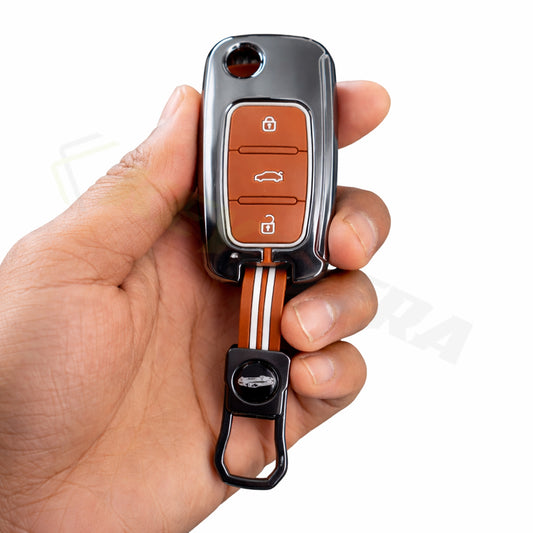Metal Key Cover Compatible For Skoda : Octavia, Fabia, Laura, Superb, Rapid, Yeti & Volkswagen : Polo, Vento, Jetta, Ameo(3 Button Flip Key)
