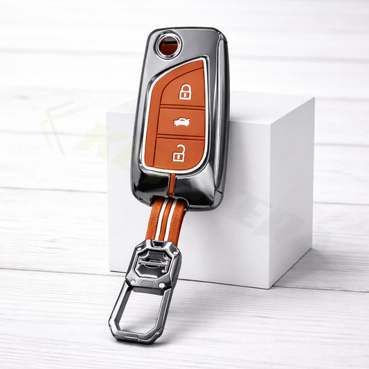 Metal Sapphire Key Cover With Key Chain Compatible with Toyota: Innova Crysta, Corolla Altis. (3 button flip key)