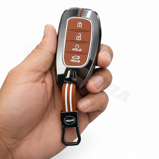 Metal Sapphire Key Cover With Key Chain Compatible with Hyundai: Alcazar, Creta 2021 onwards (4 button smart key)