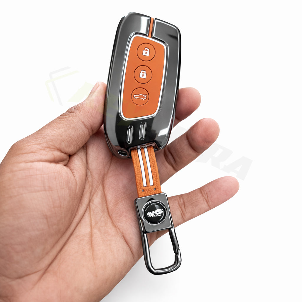 Metal Sapphire Key Cover With Key Chain Compatible with MG Hector | MG Windsor | MG Astor | MG Gloster 3 Button smart key)