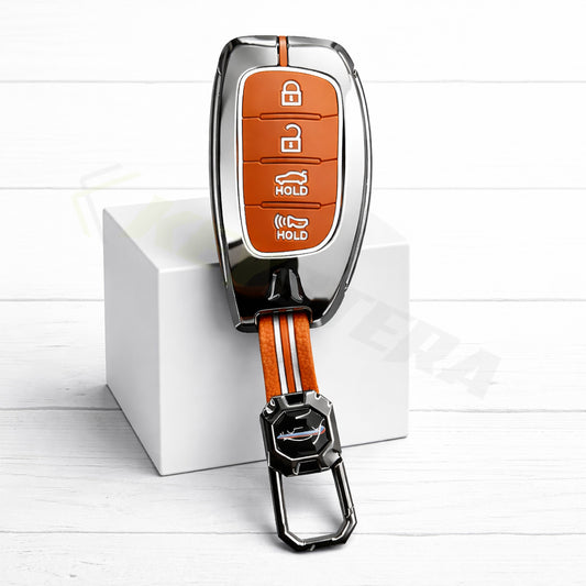 Metal Key Cover Compatible For Hyundai: i20, Creta, Venue, Tucson, Alcazar, Grand i10, Verna, Xcent, Aura, Elantra (4 button Smart Key)
