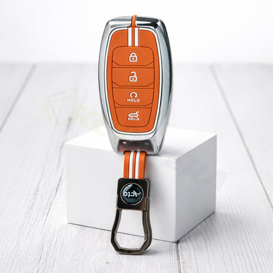 Metal Sapphire Key Cover With Key Chain Compatible with Hyundai: i20, Verna 2023 onwards (4 button smart key)