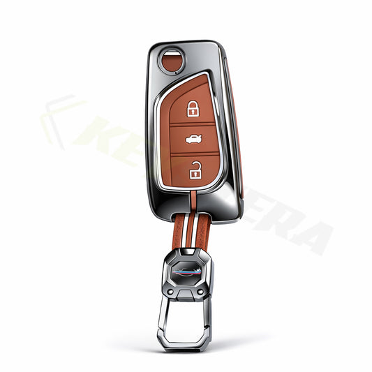 Metal Sapphire Key Cover With Key Chain Compatible with Toyota: Innova Crysta, Corolla Altis. (3 button flip key)