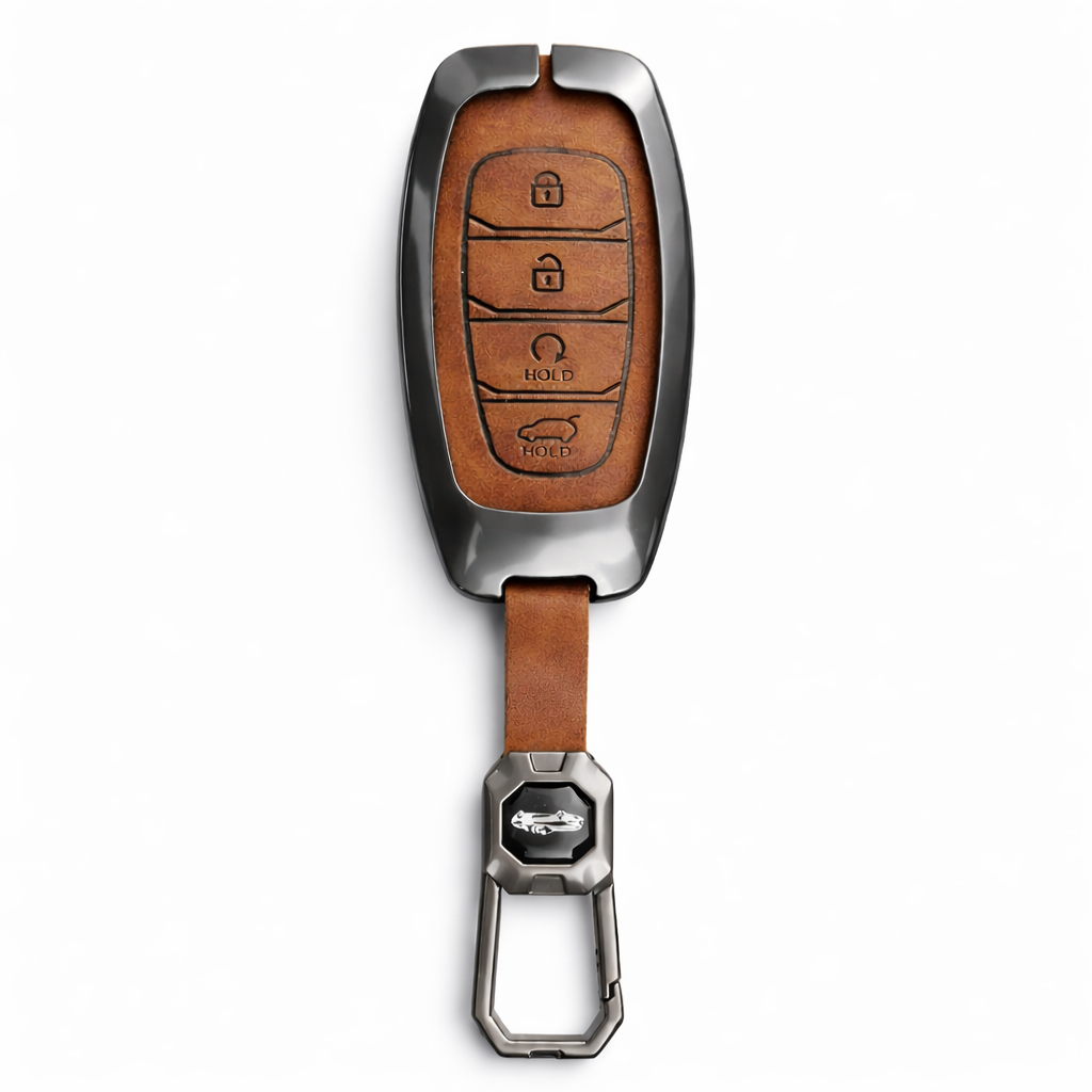 Metal Leather Brown Key Cover For Hyundai: i20, Verna 2023 onwards (4 button smart key)