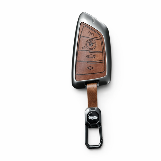 Metal Leather Brown Car Key Cover Compatible For BMW X1, X3, X6, X5, 5 Series, 6 Series, 7 Series