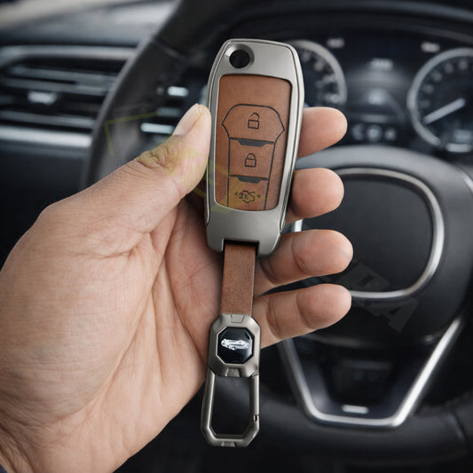 Metal Leather Brown Key Cover Compatible For Ford : Figo, Aspire, Endeavour (3 Button Flip Key)