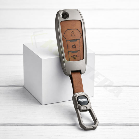 Metal Leather Brown Key Cover Compatible For Ford : Figo, Aspire, Endeavour (3 Button Flip Key)